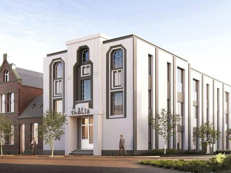 Een gerenderd beeld van het opgeleverde gebouw van drie lagen met een art-decogevel, hoge omlijste vensters en een luifel boven de entree met de naam THALIA erop, met links ernaast een ouder pand in rode baksteen met een kap en jonge bomen op de voorgrond