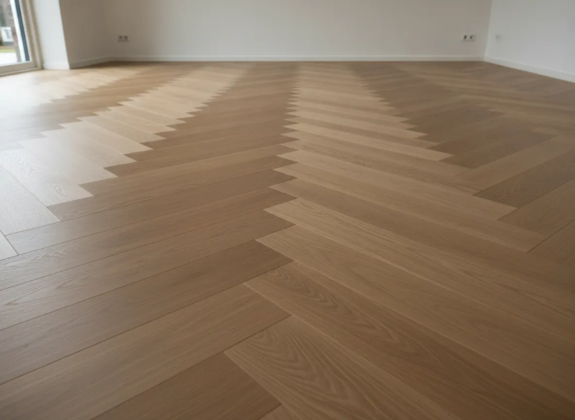 Een gelegde eiken visgraatvloer in een lege woonkamer